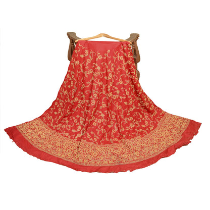 Sanskriti New Red 100% Pure Silk Long Lehenga Hand Embroidery Zardozi Unstitched