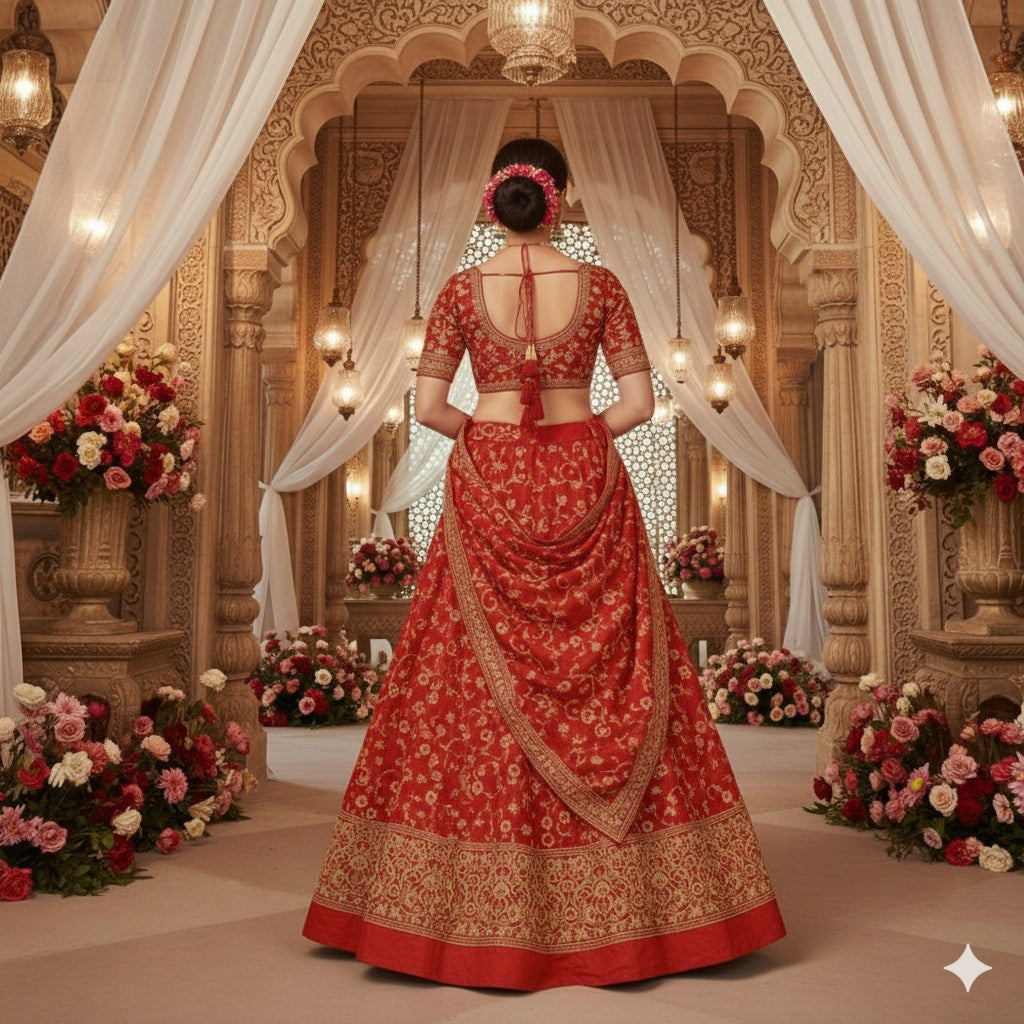Sanskriti New Red 100% Pure Silk Long Lehenga Hand Embroidery Zardozi Unstitched