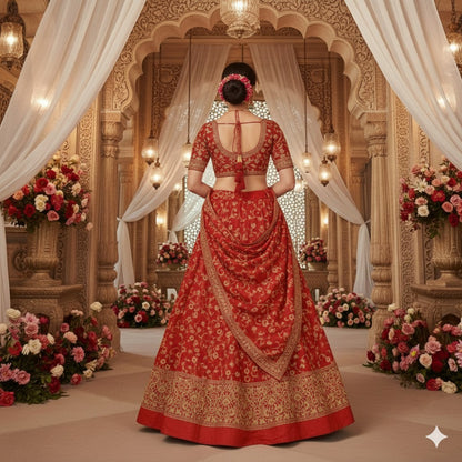Sanskriti New Red 100% Pure Silk Long Lehenga Hand Embroidery Zardozi Unstitched