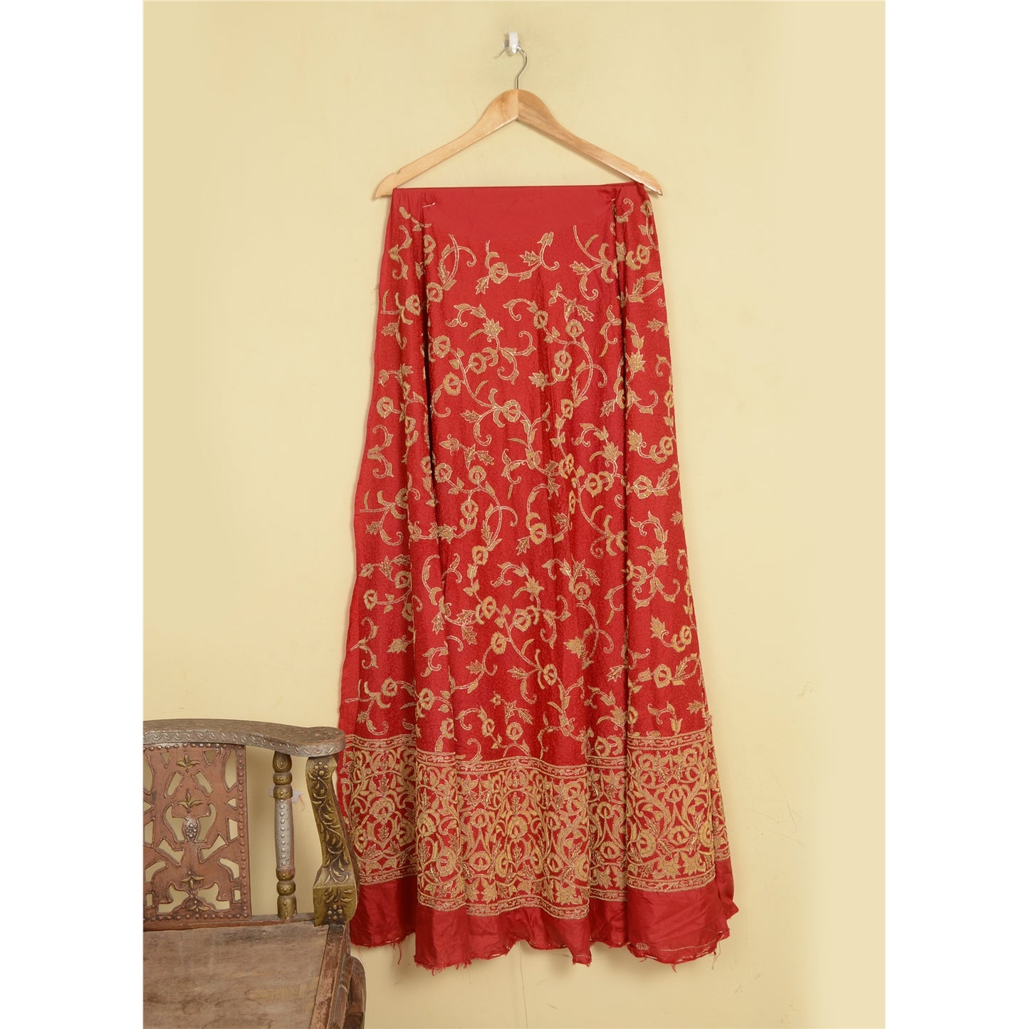Sanskriti New Red 100% Pure Silk Long Lehenga Hand Embroidery Zardozi Unstitched