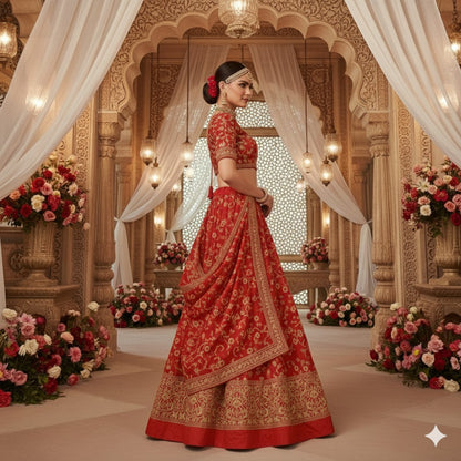 Sanskriti New Red 100% Pure Silk Long Lehenga Hand Embroidery Zardozi Unstitched
