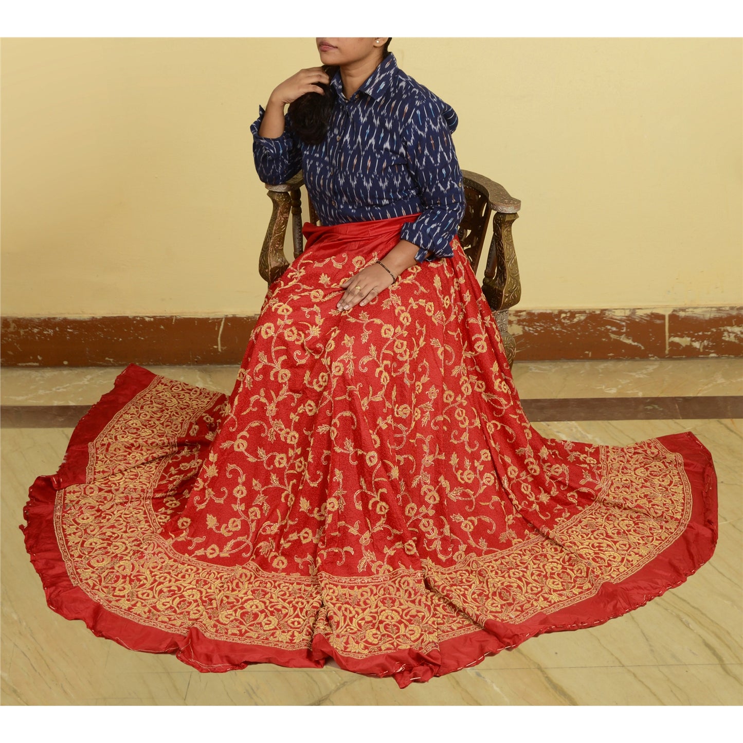 Sanskriti New Red 100% Pure Silk Long Lehenga Hand Embroidery Zardozi Unstitched
