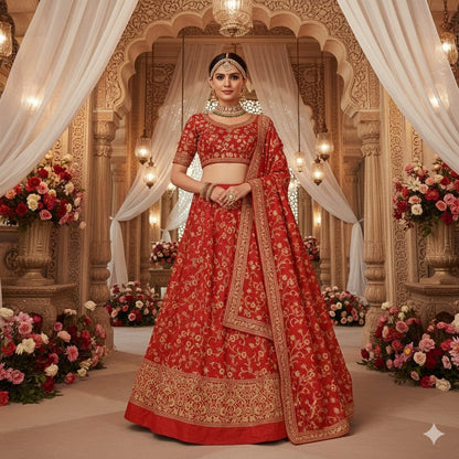 Sanskriti New Red 100% Pure Silk Long Lehenga Hand Embroidery Zardozi Unstitched