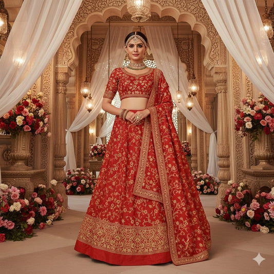 Sanskriti New Red 100% Pure Silk Long Lehenga Hand Embroidery Zardozi Unstitched