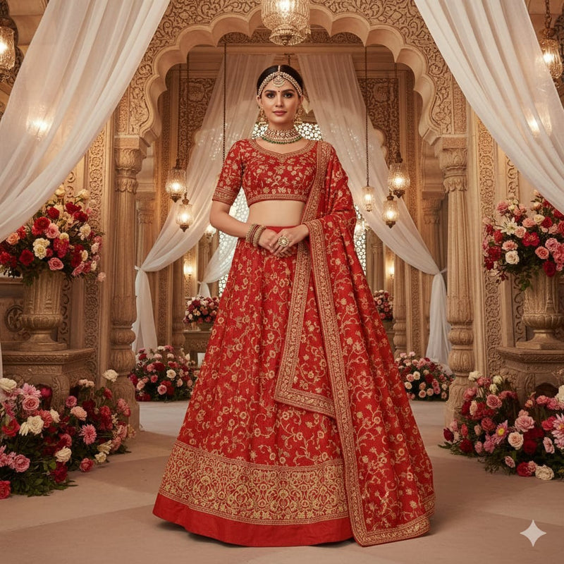 Sanskriti New Red 100% Pure Silk Long Lehenga Hand Embroidery Zardozi Unstitched