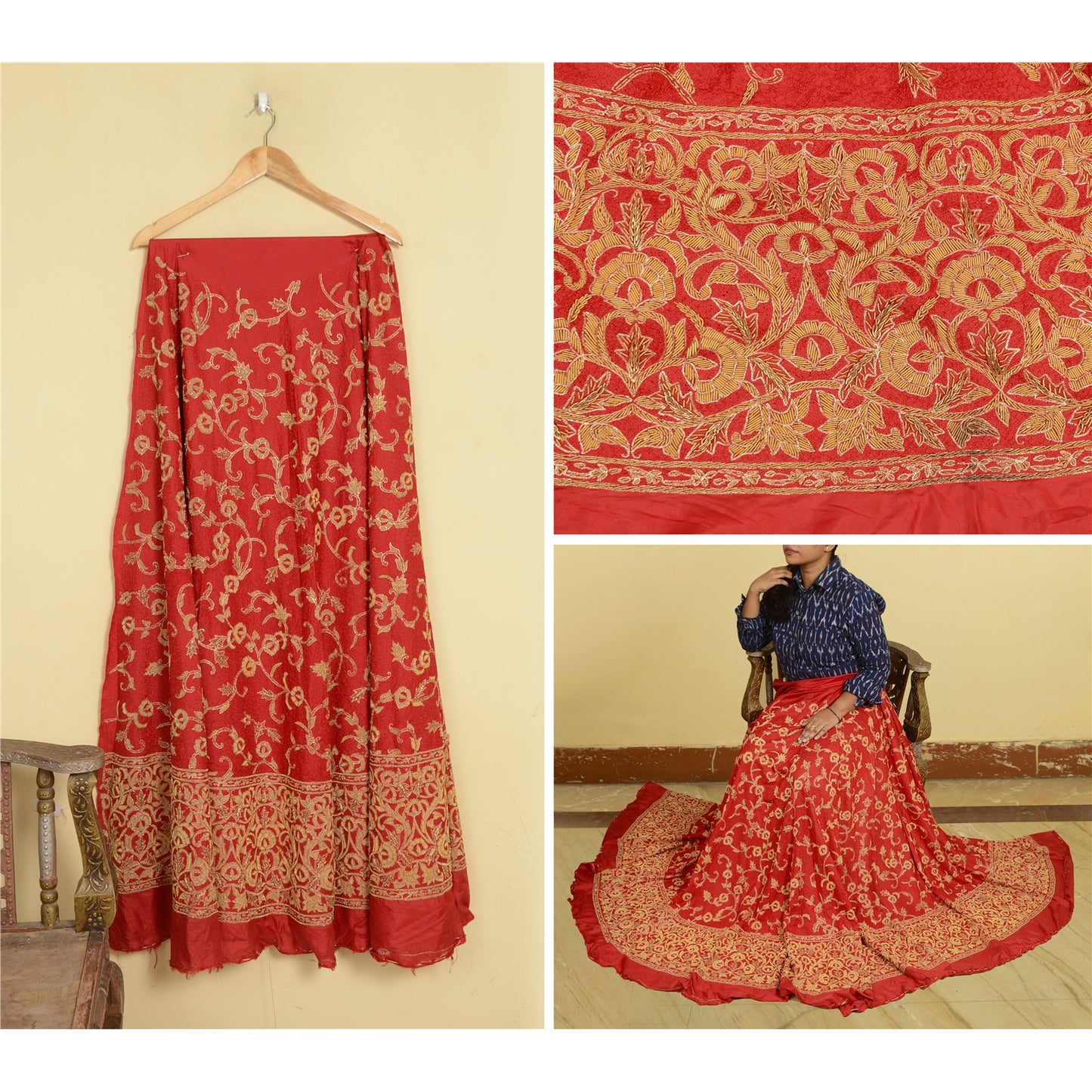 Sanskriti New Red 100% Pure Silk Long Lehenga Hand Embroidery Zardozi Unstitched