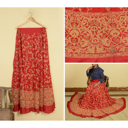 Sanskriti New Red 100% Pure Silk Long Lehenga Hand Embroidery Zardozi Unstitched