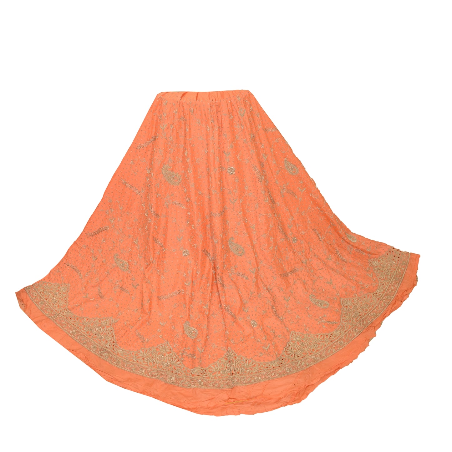 Sanskriti New Peach Pure Satin Long Lehenga Hand Embroidered Zardozi Unstitched