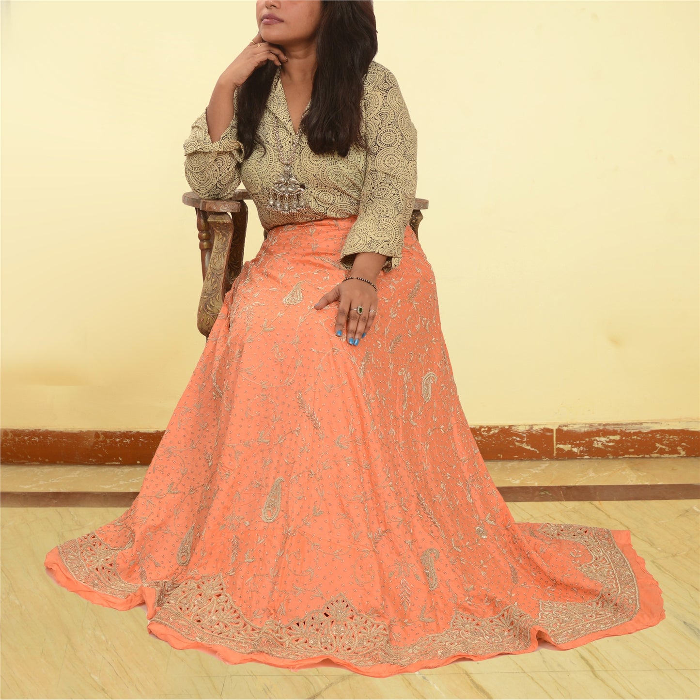Sanskriti New Peach Pure Satin Long Lehenga Hand Embroidered Zardozi Unstitched