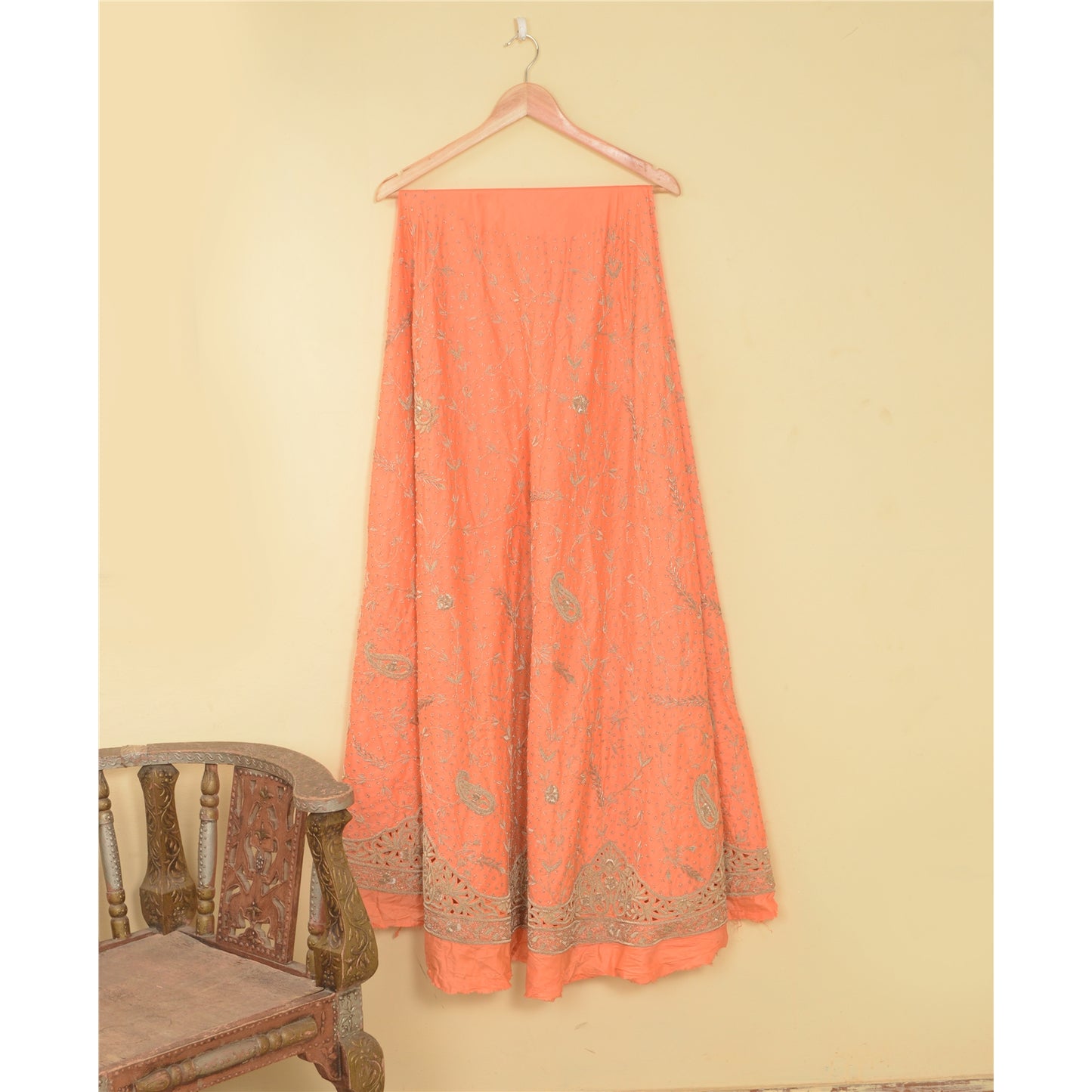 Sanskriti New Peach Pure Satin Long Lehenga Hand Embroidered Zardozi Unstitched