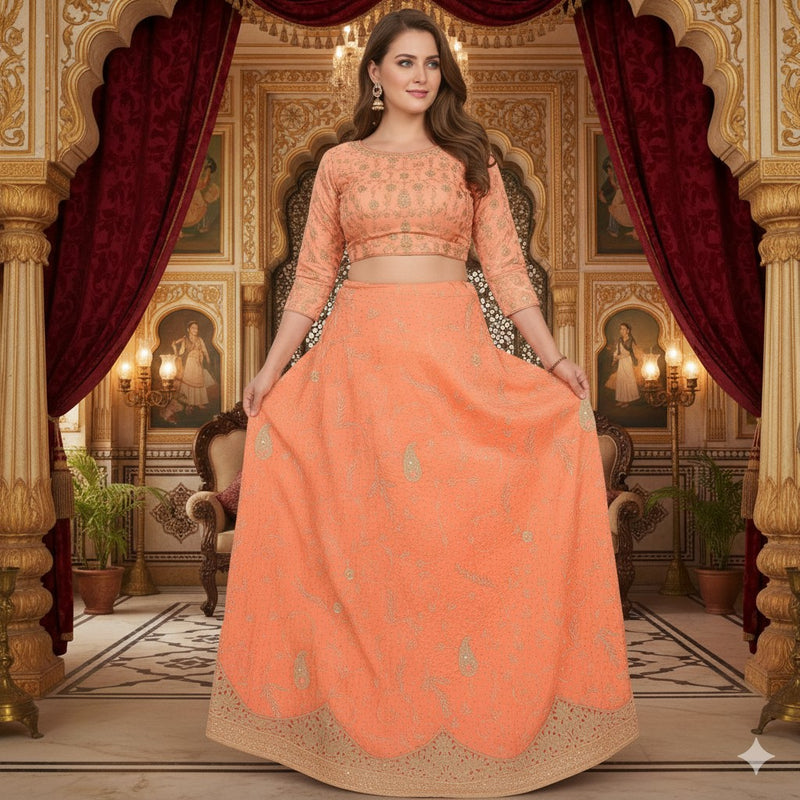 Sanskriti New Peach Pure Satin Long Lehenga Hand Embroidered Zardozi Unstitched