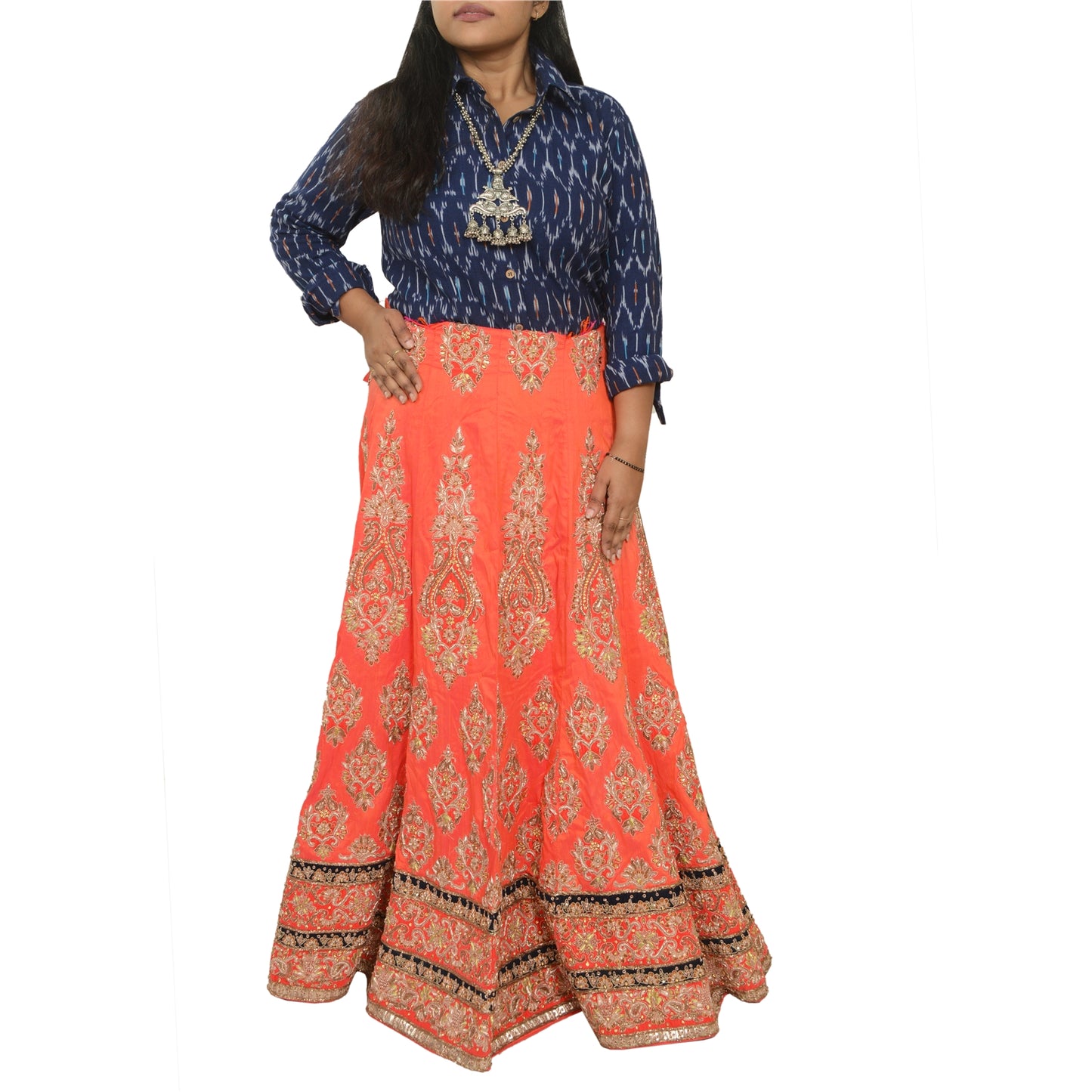 Sanskriti Vintage Peach Pure Silk Long Lehenga Hand Embroidered Zardozi Stitched