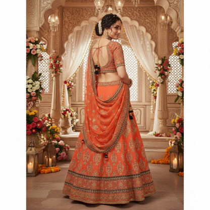 Sanskriti Vintage Peach Pure Silk Long Lehenga Hand Embroidered Zardozi Stitched