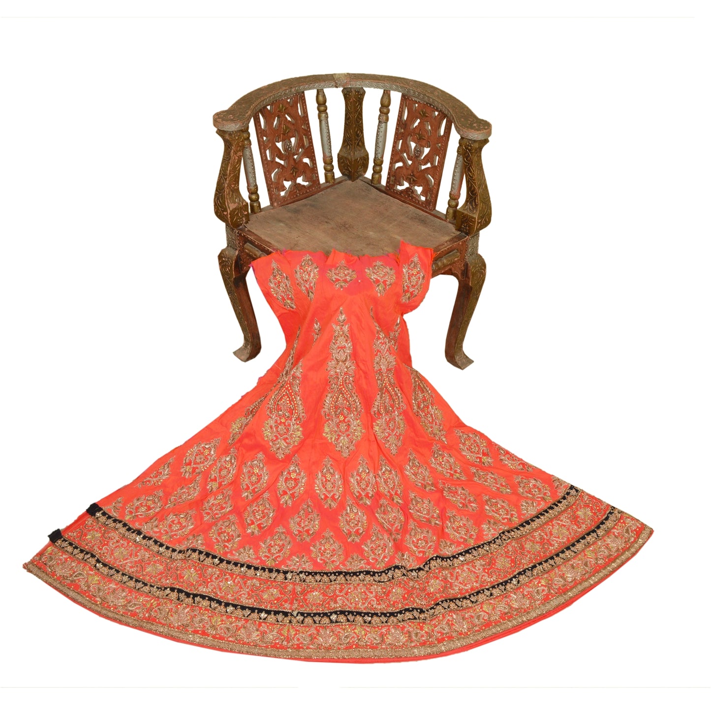 Sanskriti Vintage Peach Pure Silk Long Lehenga Hand Embroidered Zardozi Stitched