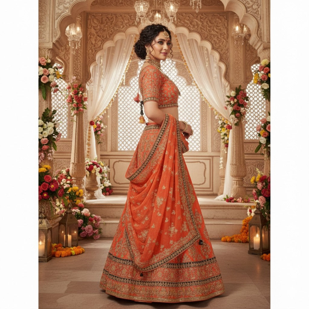 Sanskriti Vintage Peach Pure Silk Long Lehenga Hand Embroidered Zardozi Stitched