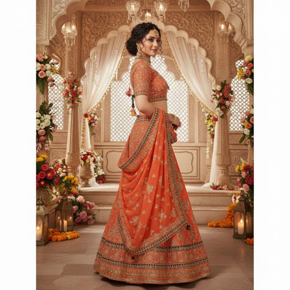 Sanskriti Vintage Peach Pure Silk Long Lehenga Hand Embroidered Zardozi Stitched