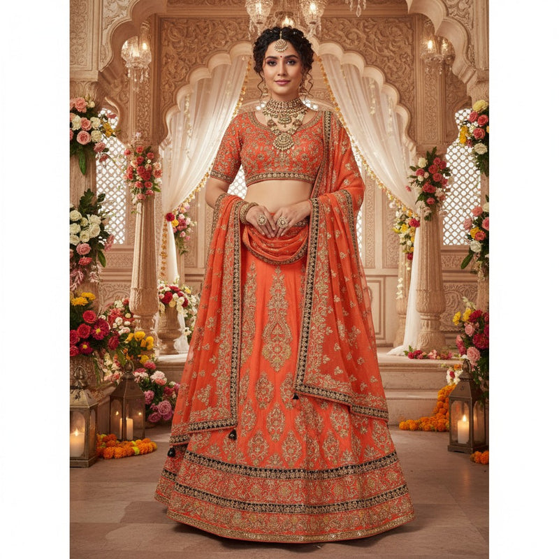 Sanskriti Vintage Peach Pure Silk Long Lehenga Hand Embroidered Zardozi Stitched