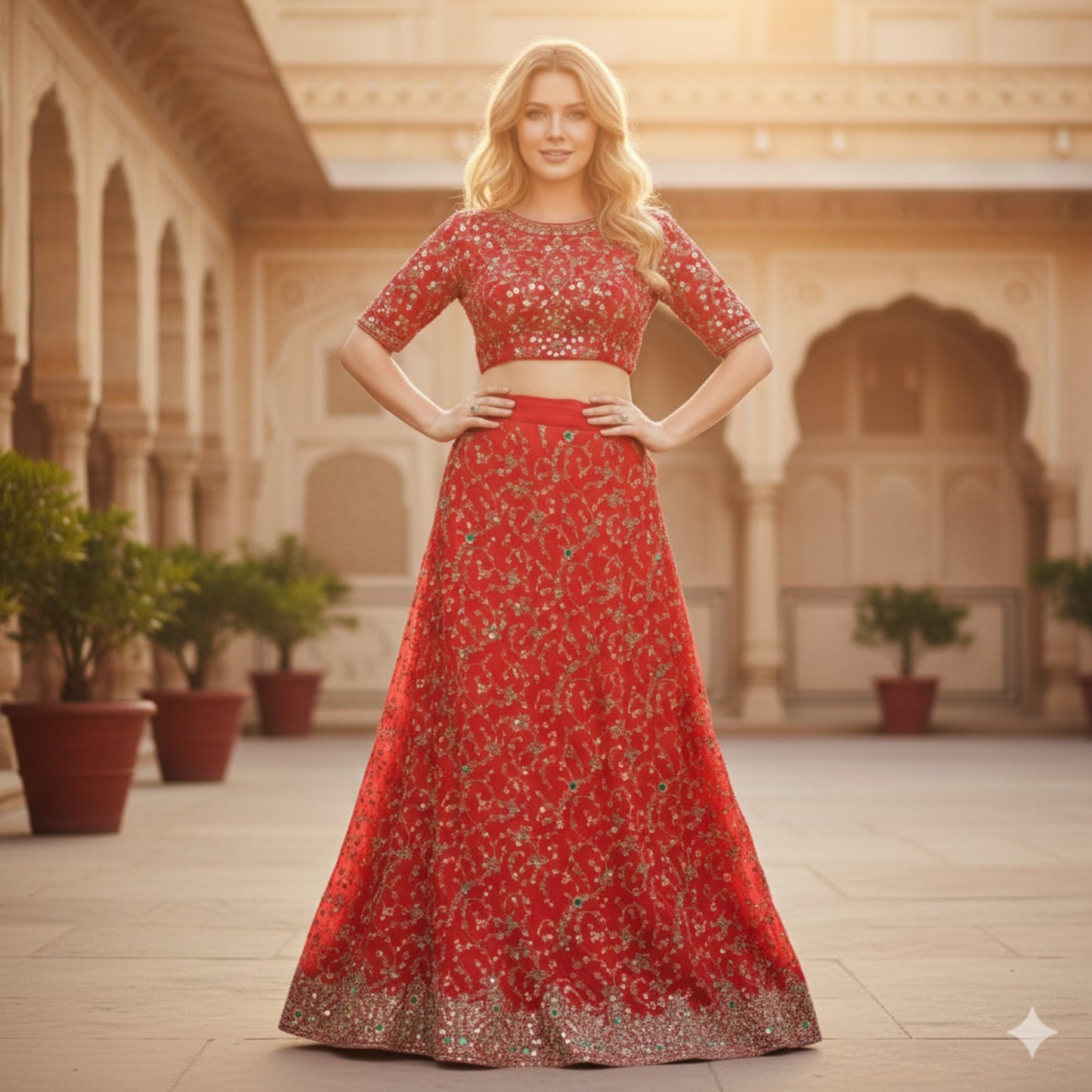 Sanskriti New Red Pure Georgette Lehenga Hand Embroidery Zari Zardozi Unstitched
