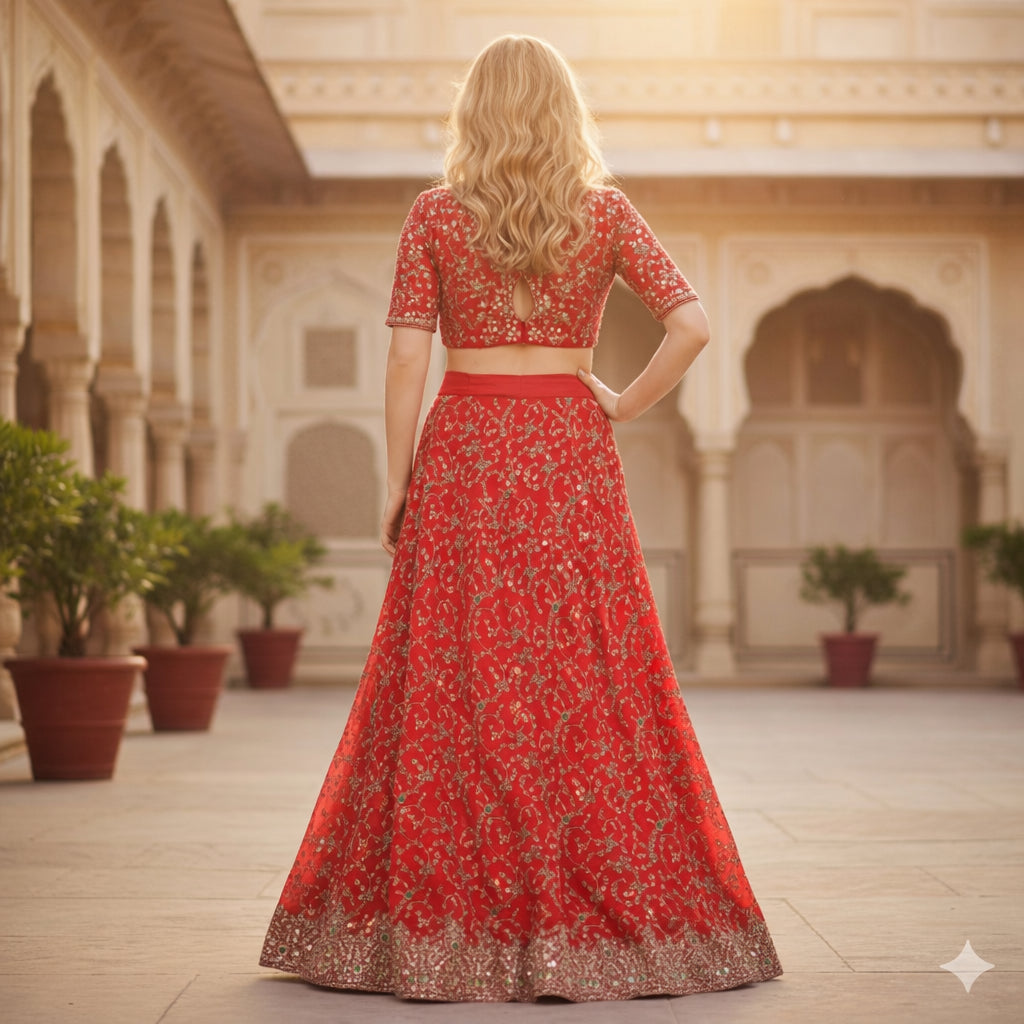 Sanskriti New Red Pure Georgette Lehenga Hand Embroidery Zari Zardozi Unstitched
