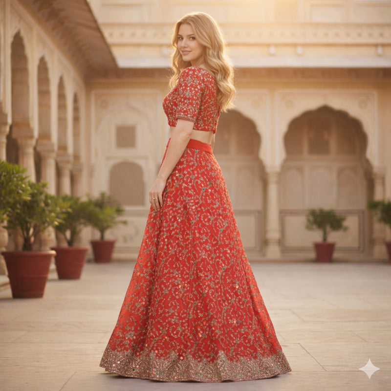 Sanskriti New Red Pure Georgette Lehenga Hand Embroidery Zari Zardozi Unstitched
