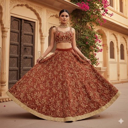 Sanskriti Vintage DarkRed Lehenga Pure Georgette HandEmbroidery Zardozi Unstitch