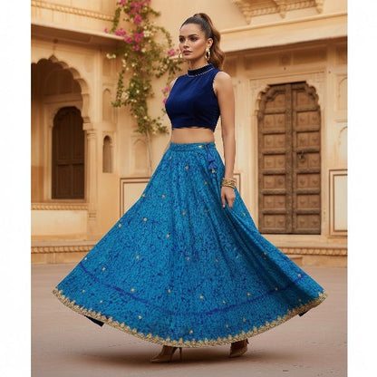 Sanskriti Vintage Blue Stitched Lehenga Silk Abstract Tie-Dye Hand Beaded Dabka