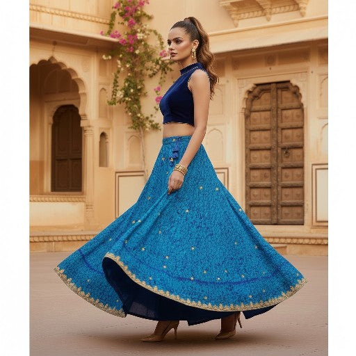 Sanskriti Vintage Blue Stitched Lehenga Silk Abstract Tie-Dye Hand Beaded Dabka
