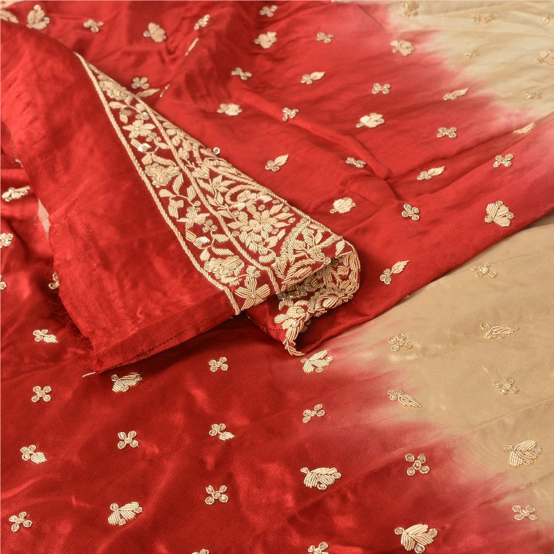 Sanskriti Vintage Red-Golden Unstitch Lehenga Pure Satin Hand Embroidery Zardozi