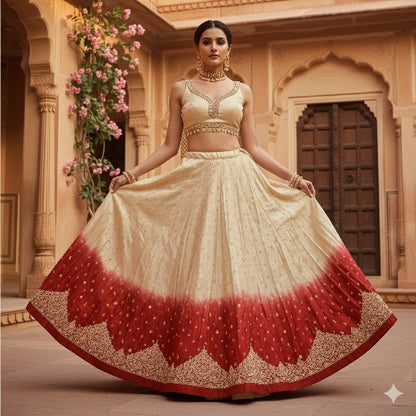 Sanskriti Vintage Red-Golden Unstitch Lehenga Pure Satin Hand Embroidery Zardozi