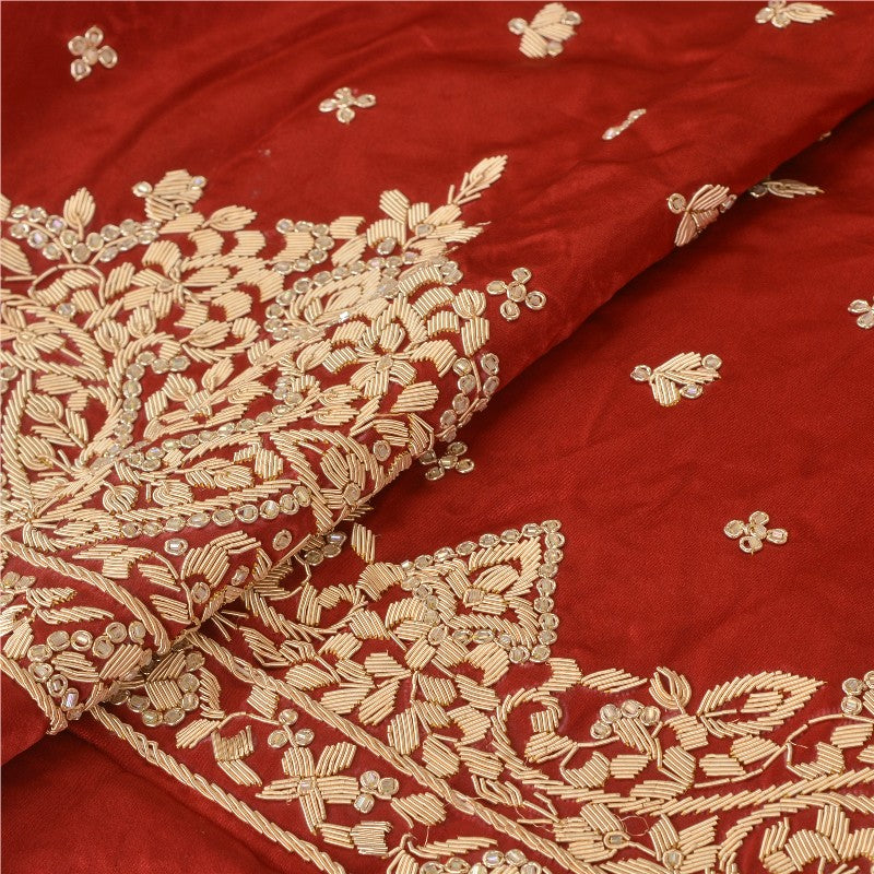 Sanskriti Vintage Red-Golden Unstitch Lehenga Pure Satin Hand Embroidery Zardozi