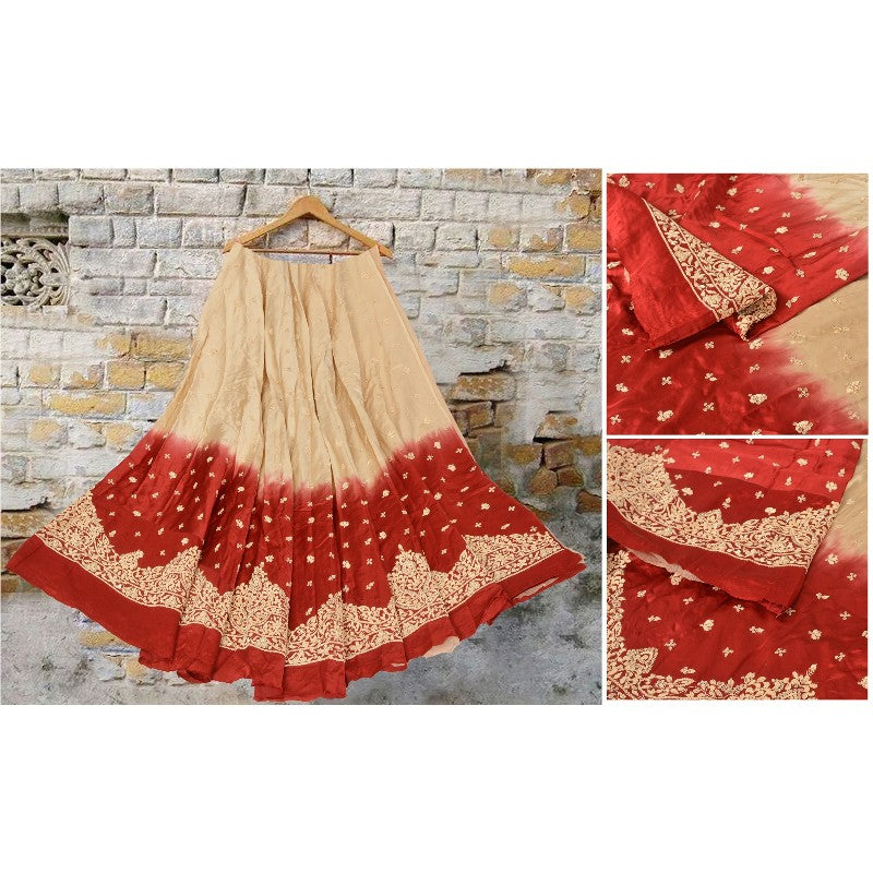 Sanskriti Vintage Red-Golden Unstitch Lehenga Pure Satin Hand Embroidery Zardozi