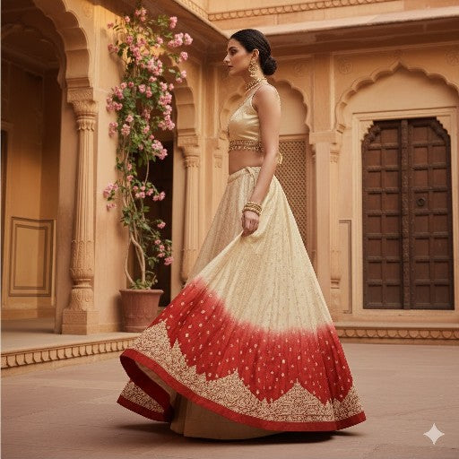 Sanskriti Vintage Red-Golden Unstitch Lehenga Pure Satin Hand Embroidery Zardozi