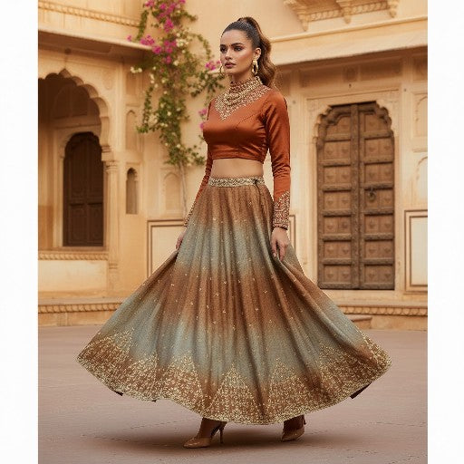 Sanskriti Vintage Brown Crinkle Art Silk Stitched Lehenga Hand Embroidery Ethnic