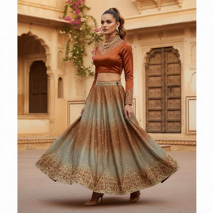 Sanskriti Vintage Brown Crinkle Art Silk Stitched Lehenga Hand Embroidery Ethnic