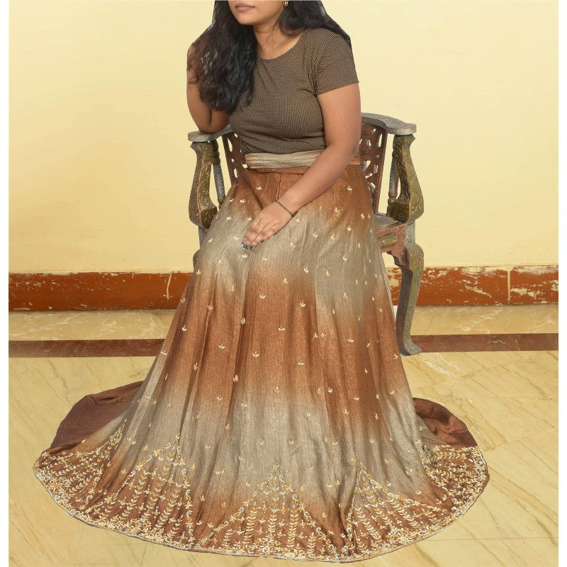 Sanskriti Vintage Brown Crinkle Art Silk Stitched Lehenga Hand Embroidery Ethnic