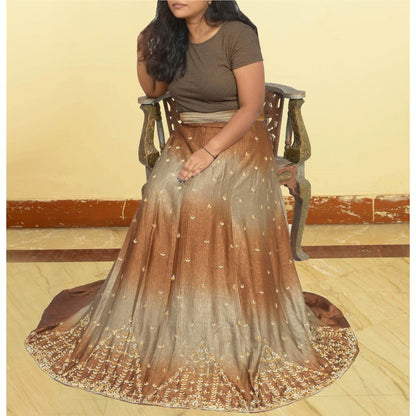 Sanskriti Vintage Brown Crinkle Art Silk Stitched Lehenga Hand Embroidery Ethnic