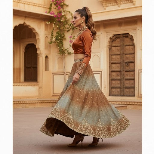Sanskriti Vintage Brown Crinkle Art Silk Stitched Lehenga Hand Embroidery Ethnic