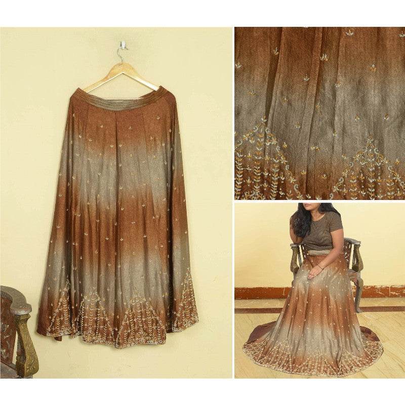 Sanskriti Vintage Brown Crinkle Art Silk Stitched Lehenga Hand Embroidery Ethnic