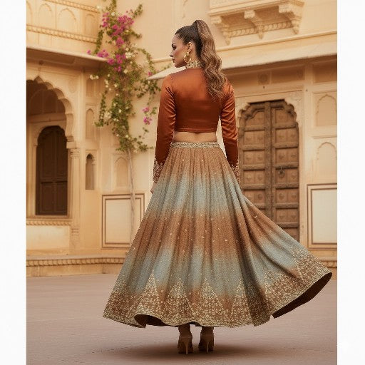 Sanskriti Vintage Brown Crinkle Art Silk Stitched Lehenga Hand Embroidery Ethnic