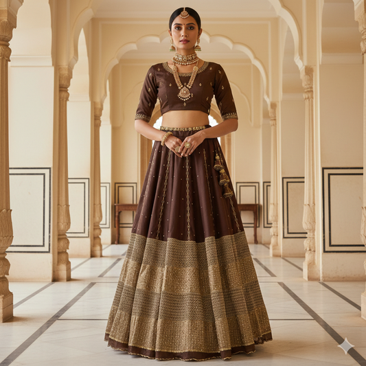 Sanskriti Vintage Brown Art Silk Lehenga Hand Embroidery Dabka Woven Unstitched