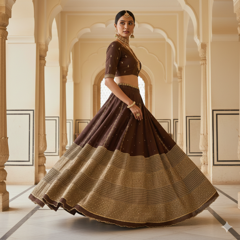Sanskriti Vintage Brown Art Silk Lehenga Hand Embroidery Dabka Woven Unstitched