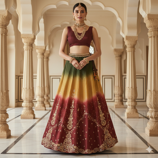 Sanskriti Vintage Multicolor Satin Silk Unstitch Lehenga Hand Embroidery Zardozi