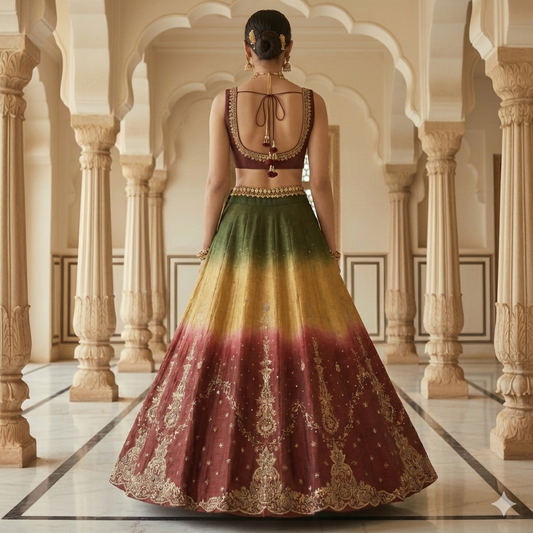 Sanskriti Vintage Multicolor Satin Silk Unstitch Lehenga Hand Embroidery Zardozi