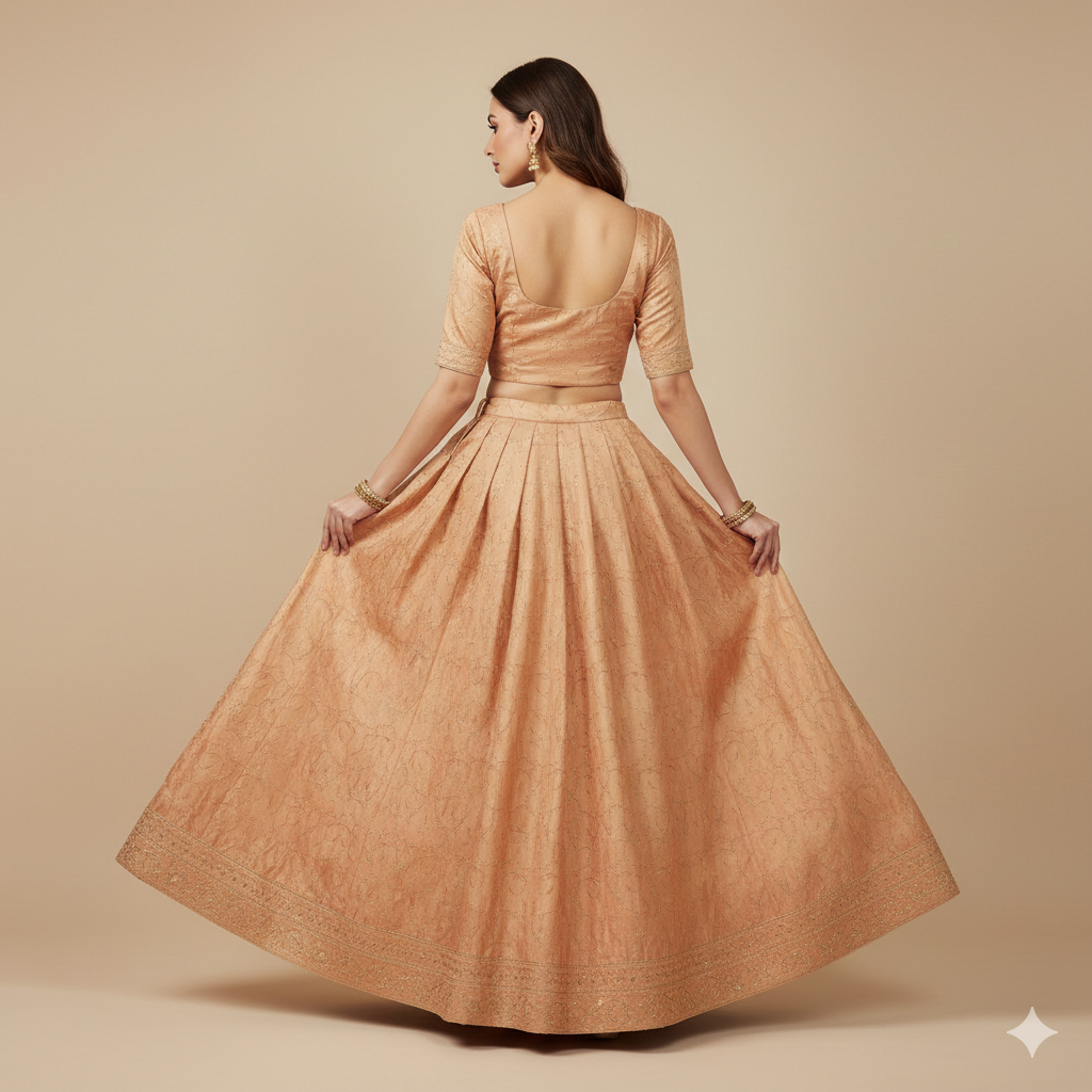 Sanskriti Vintage Peach 100%Pure Silk Unstitched Lehenga Hand Embroidery Zardozi