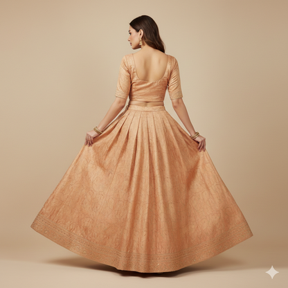 Sanskriti Vintage Peach 100%Pure Silk Unstitched Lehenga Hand Embroidery Zardozi