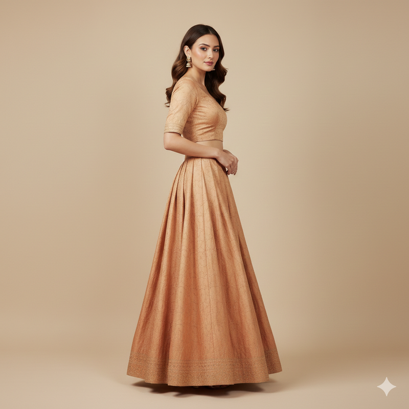 Sanskriti Vintage Peach 100%Pure Silk Unstitched Lehenga Hand Embroidery Zardozi