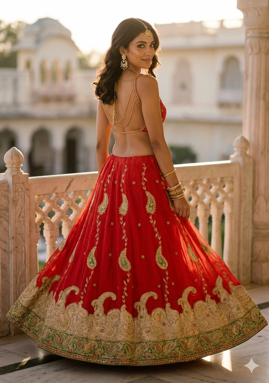 Sanskriti Vintage Red Art Silk Stitched Lehenga Hand Embroidery Zardozi Wedding