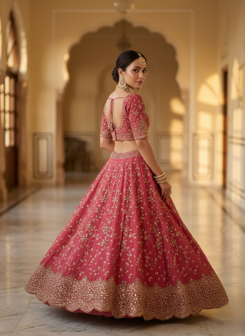 Sanskriti Vintage Pink Georgette Unstitch Lehenga Hand Embroidery Zardozi Stones