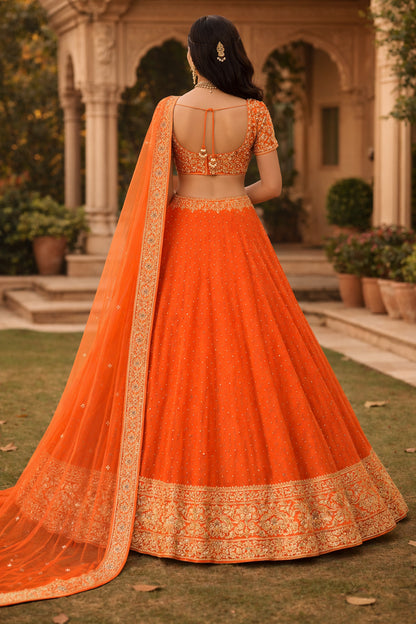 Sanskriti Vintage Orange Art Silk Unstitched Lehenga Hand Embroidered Zardozi