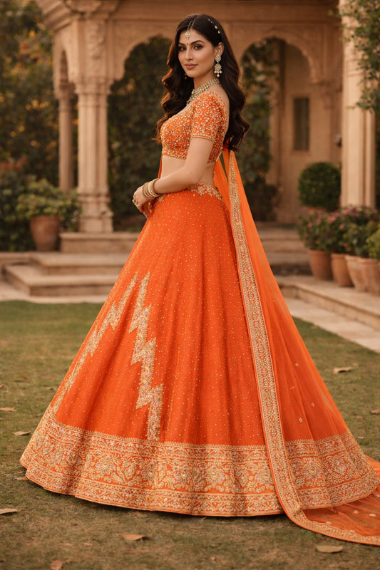 Sanskriti Vintage Orange Art Silk Unstitched Lehenga Hand Embroidered Zardozi
